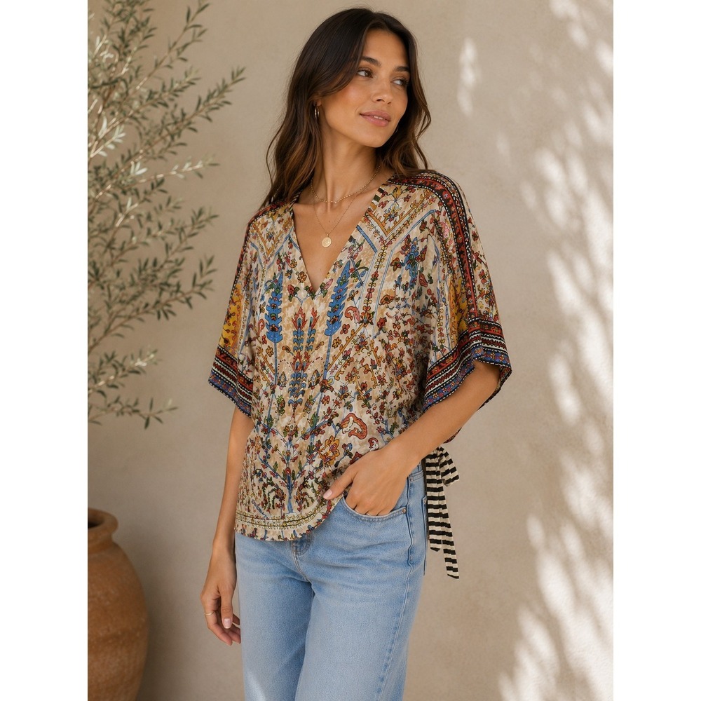 Vineet Bahl Women's Large Boho Tie Front Blouse Floral Paisley Print Kimono...